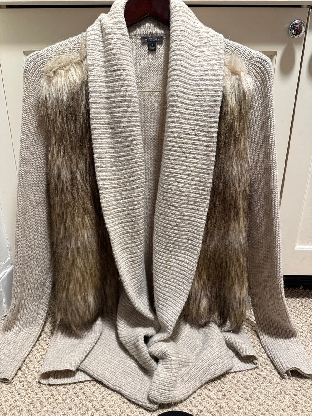 Ann Taylor Cream Knit Cardigan with Brown Faux-Fur Panels